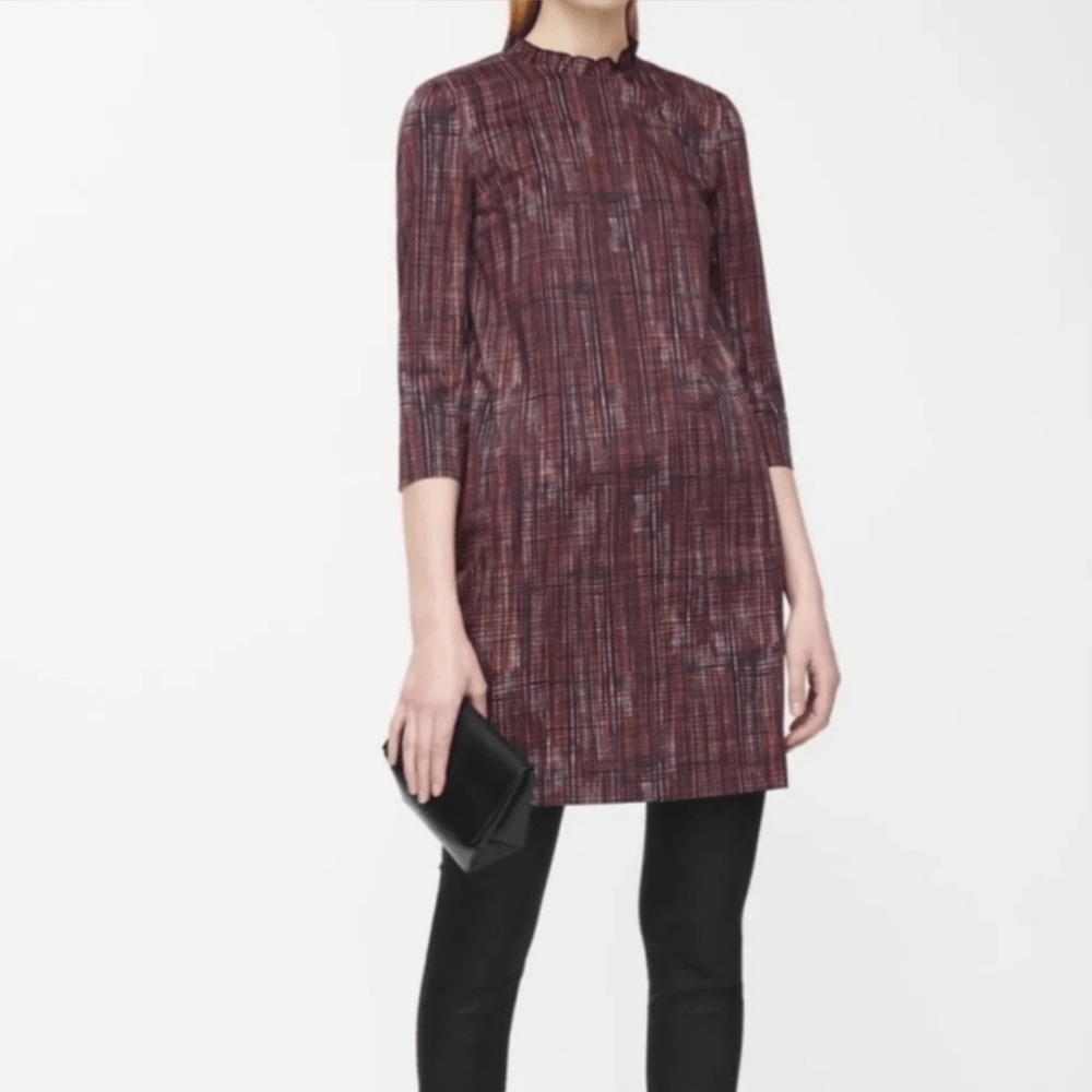 COS Black Orangish/Tan Printed Ruffle High neck 1/2 Sleeves Cotton Tunic Dress 6